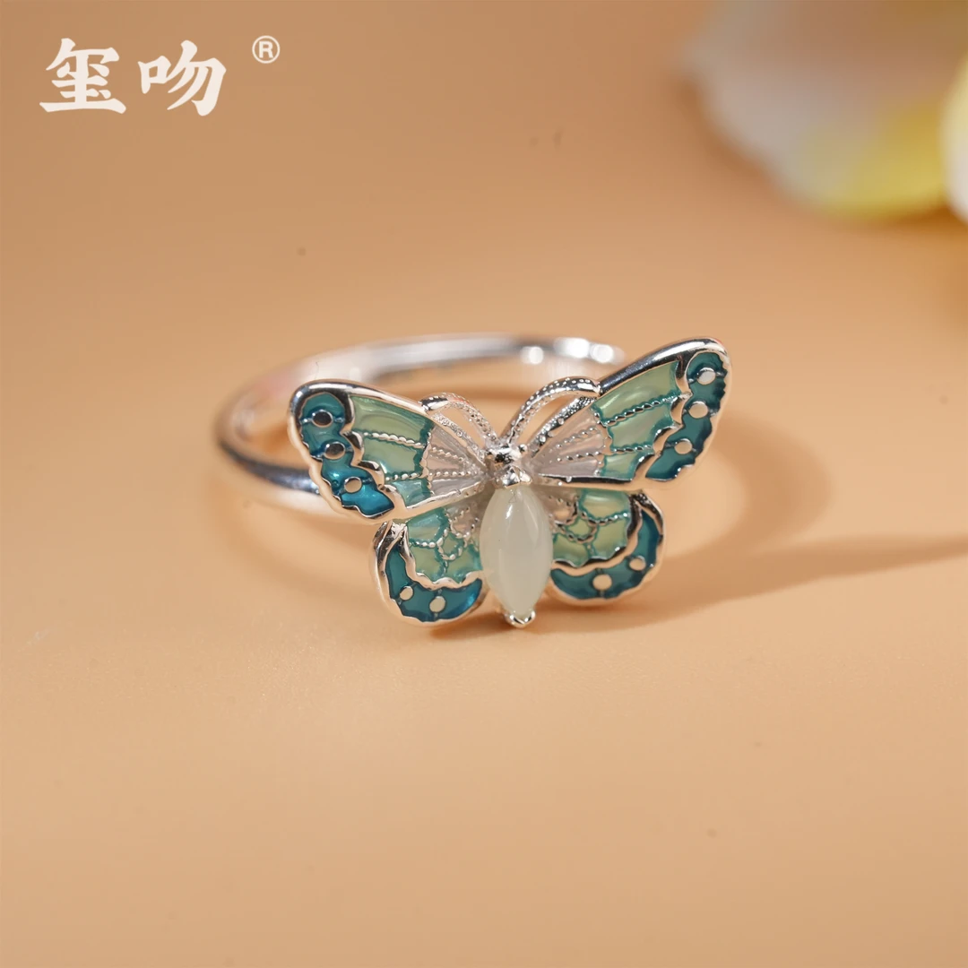 925银戒指 【玺吻】s925银翩翩来福透光珐琅彩纯银素款蝴蝶戒指复古