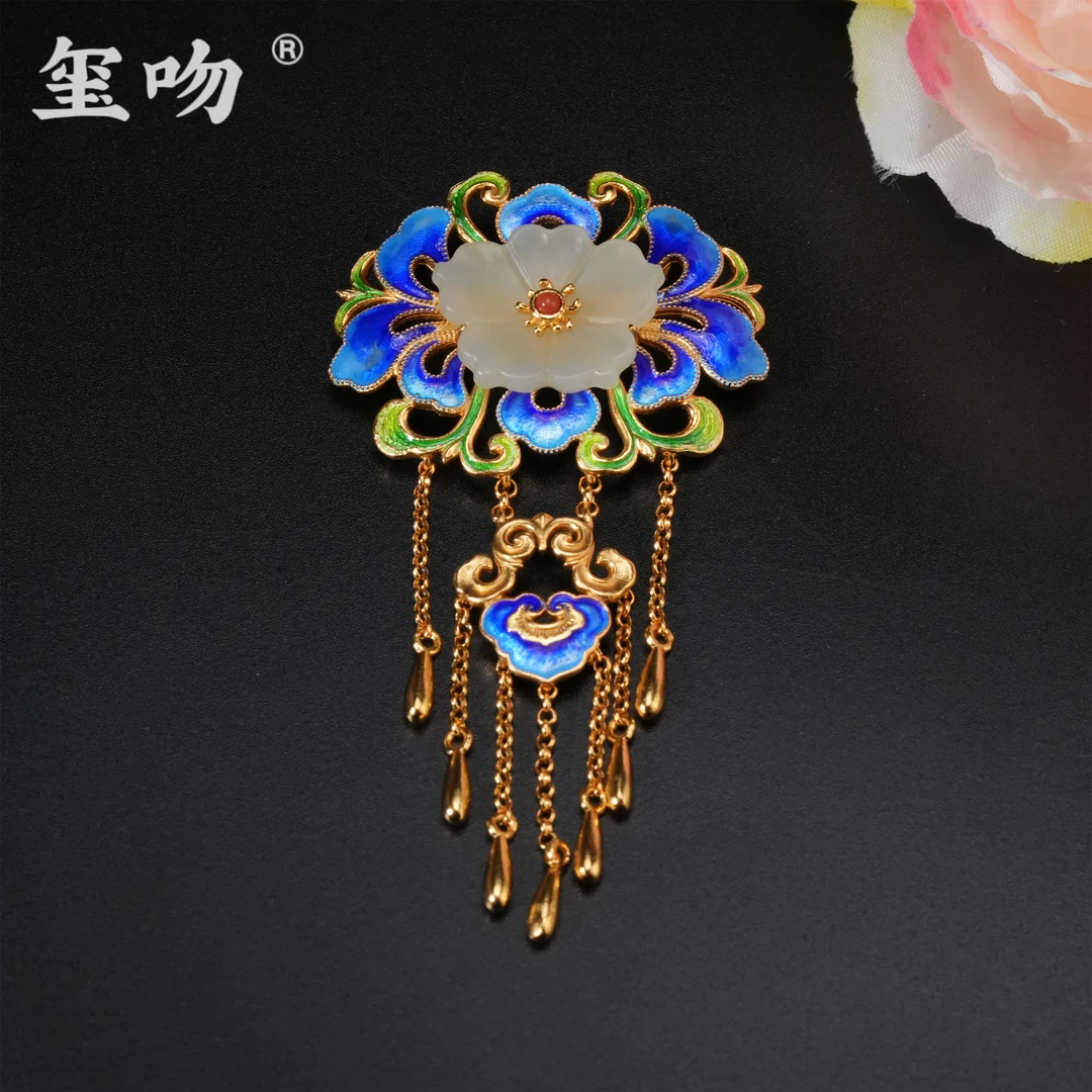 吊坠925银 【玺吻】s925银 手工百搭烧蓝五瓣花朵古典仙气流苏吊坠
