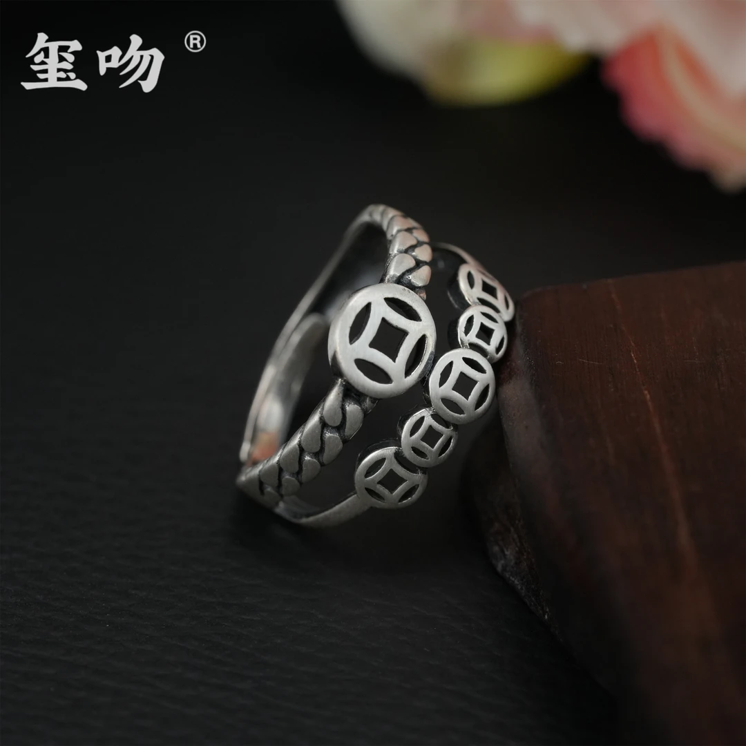 925银戒指 【玺吻】s925银 小众设计感双层米多多钱币币戒指JZ258