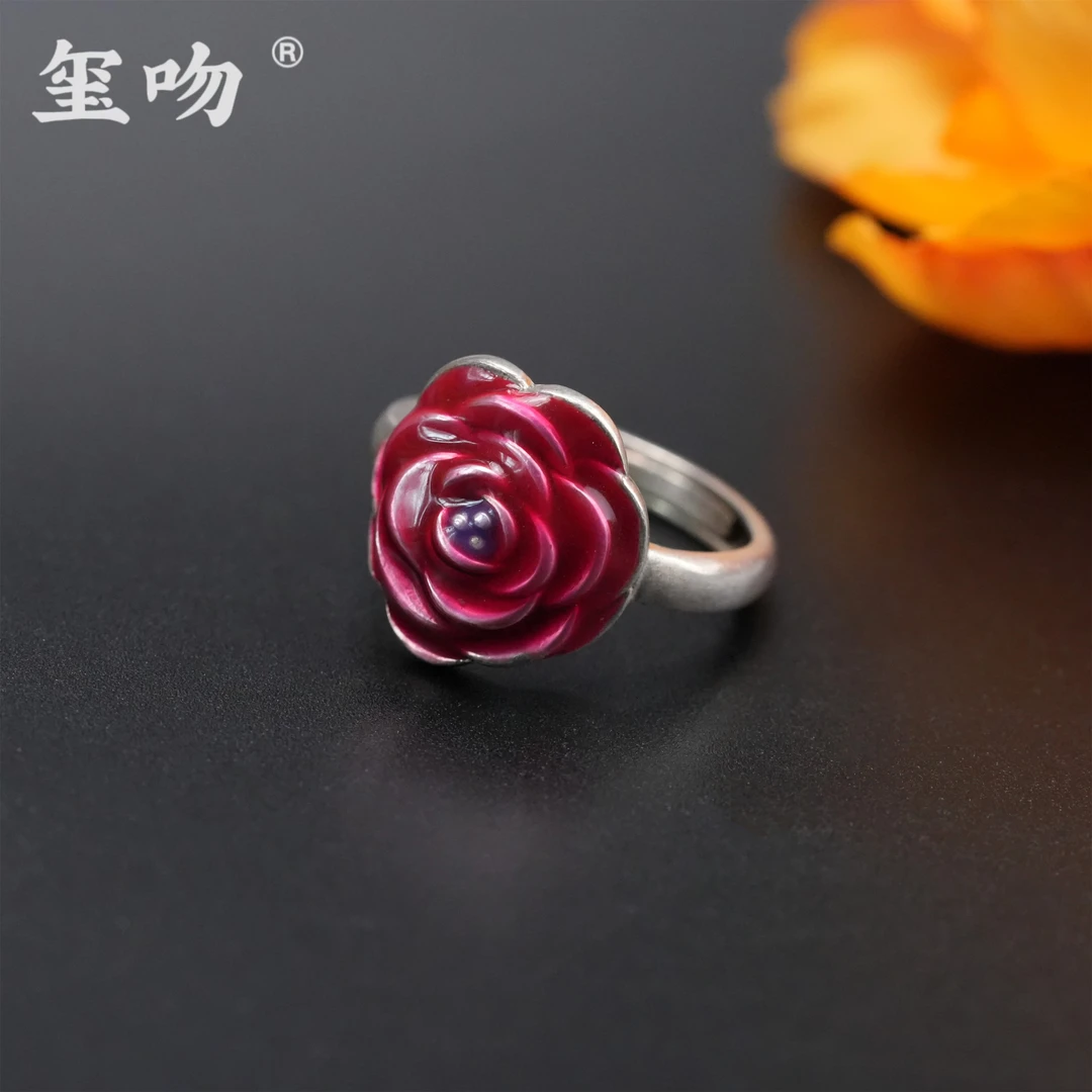 925银银制品 【玺吻】复古个性民族风红色素款红玫瑰花戒指JZ235