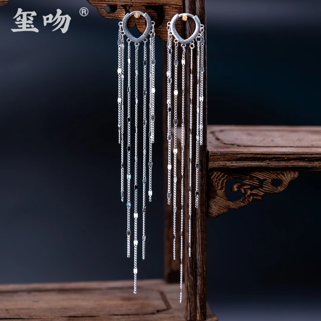925银耳饰 【玺吻】s925银似水流年长款古风一帘幽梦流苏耳坠长11cm