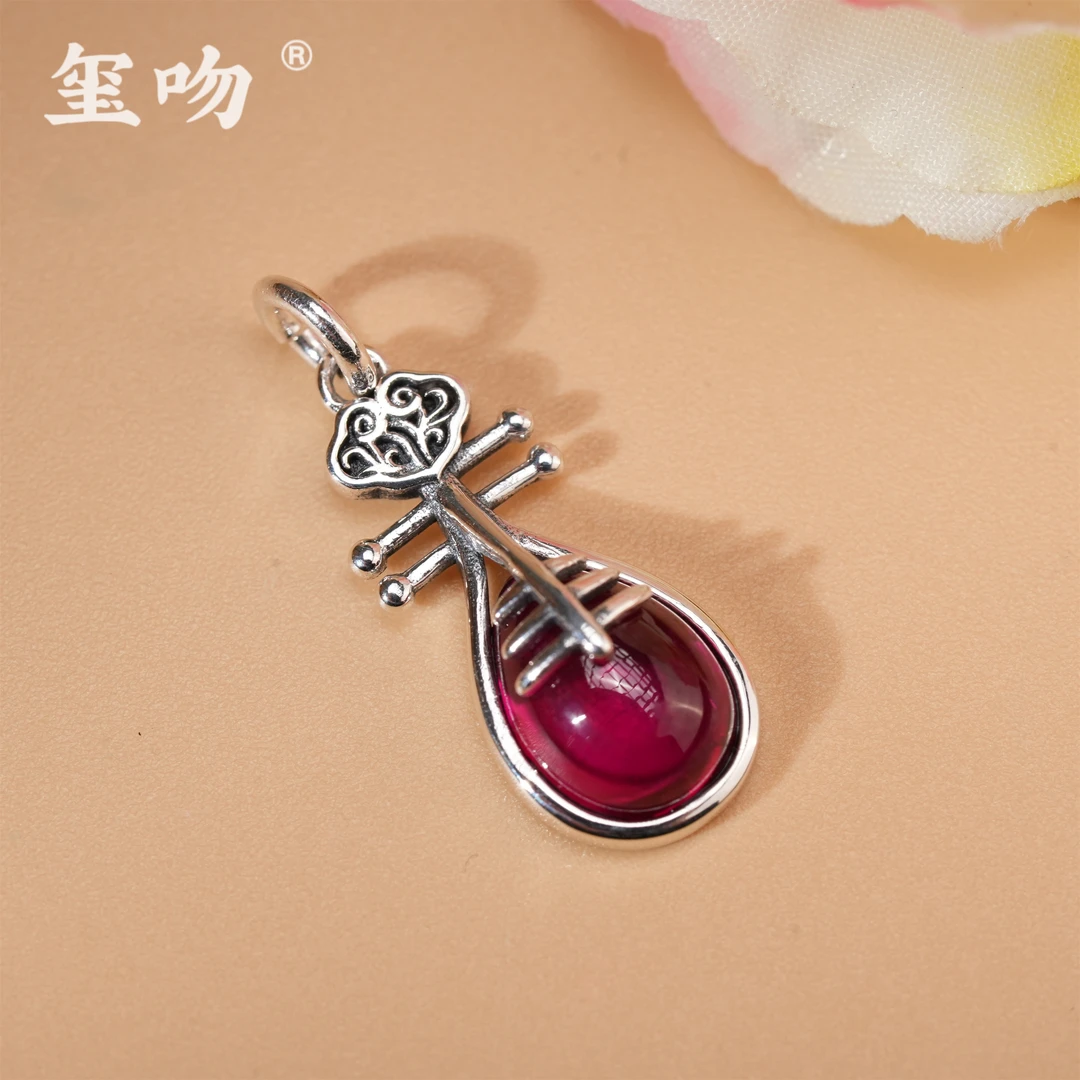吊坠925银 【玺吻】s925银红刚如意时尚琵琶吊坠手工红色个性民族风