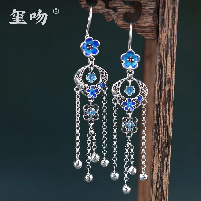925银耳饰 【玺吻】s925银 花丝珐琅精美长款流苏耳饰 中国风设计款