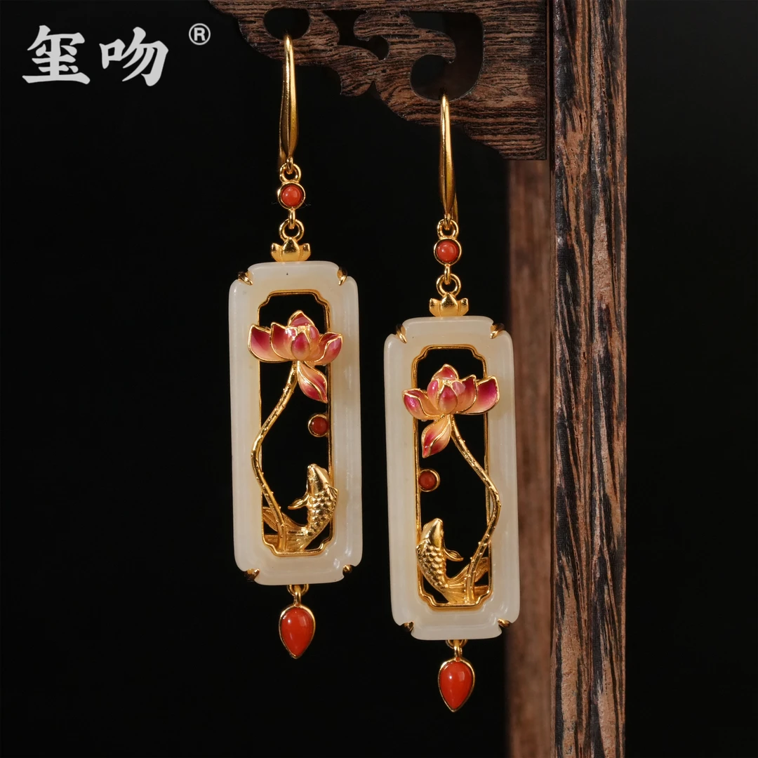 925银耳饰 【玺吻】s925银 纯手工中国风鱼戏莲耳饰