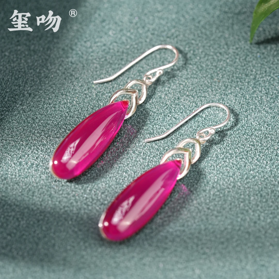 925银耳饰 【玺吻】s925银 红刚水滴纯银耳饰 国风气质款纯银耳坠