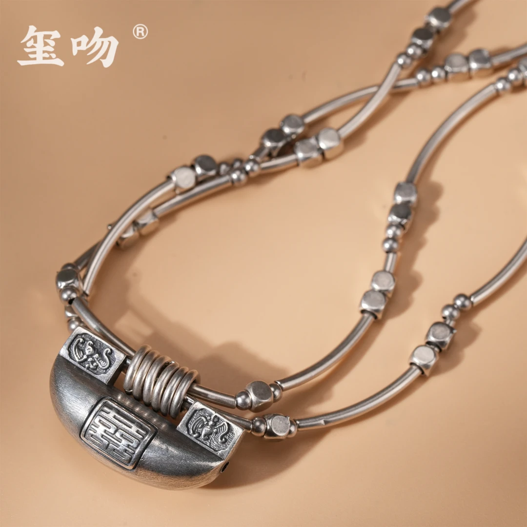 坠链均925银 【玺吻】s925银 翩翩来福 双喜福锁不规则套链纯银项链