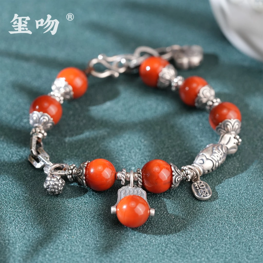 925银手链 【玺吻】s925银 五经心境 招财纳福纯银手链（珠径约10mm）