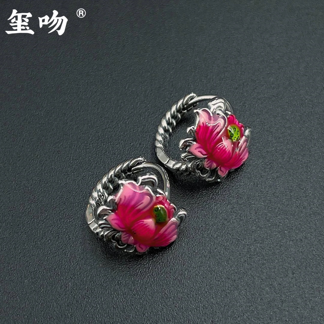 925银耳饰 【玺吻】百搭小众复古民族风烧蓝粉色莲花耳饰国风设计