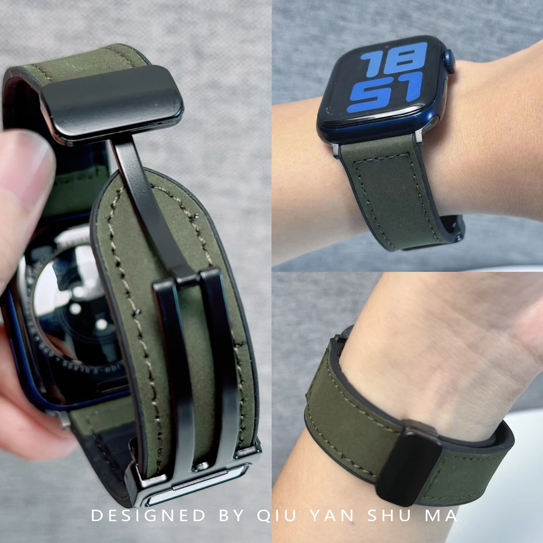 适用新款疯马纹真皮iwatch磁吸硅胶applewatchS8/7/6/5苹果手表带