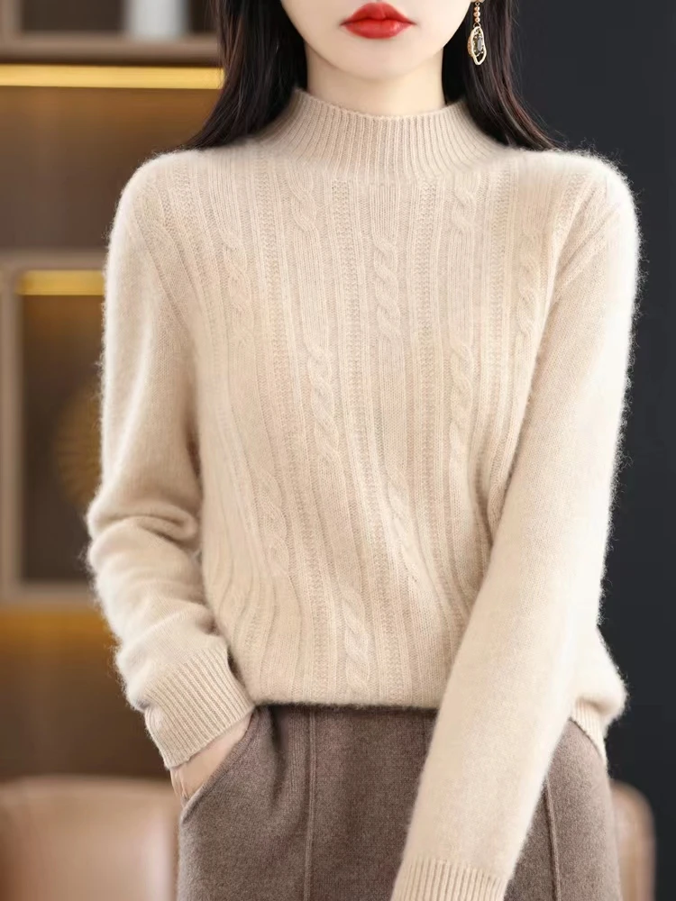 秋冬款针织纯羊毛衫女一线成衣半高领麻花宽松套头毛衣显瘦打底衫