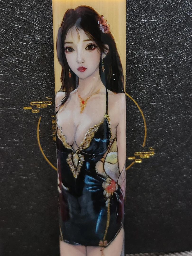 实心玉竹彩雕美女12.6X2.76椭扁