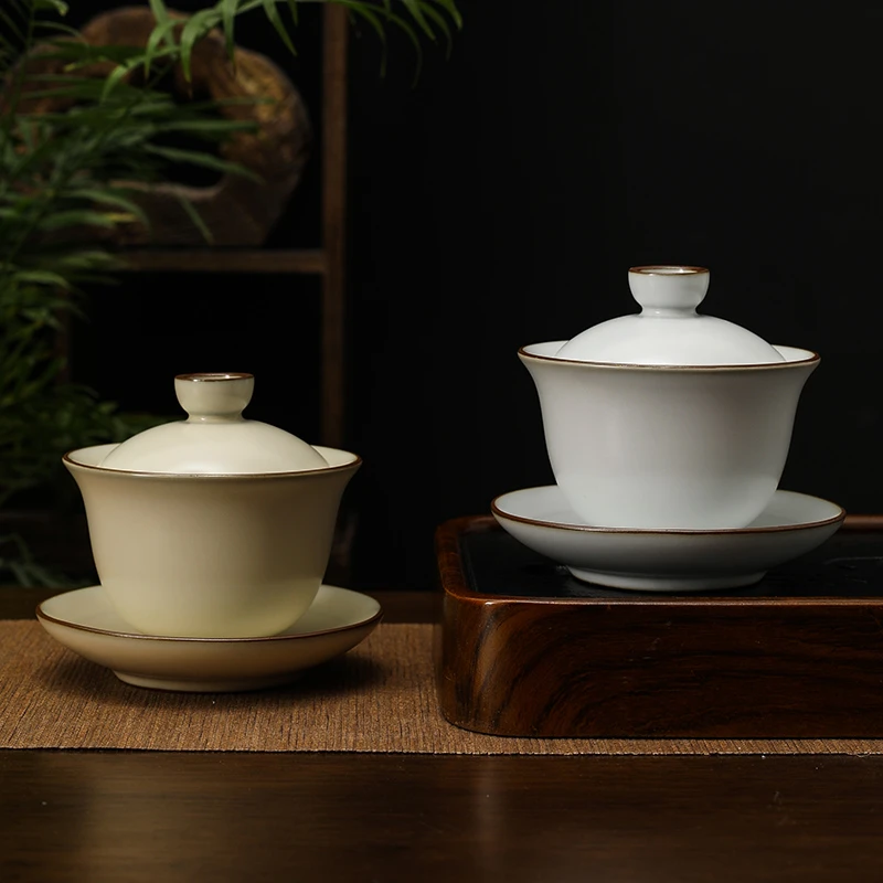 米黄汝窑三才盖碗茶杯单个家用泡茶碗陶瓷冰裂开片盖碗茶功夫茶具
