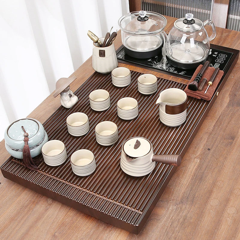 整套茶具套装全自动烧水壶一体实木茶盘家用客厅泡茶功夫茶台轻奢