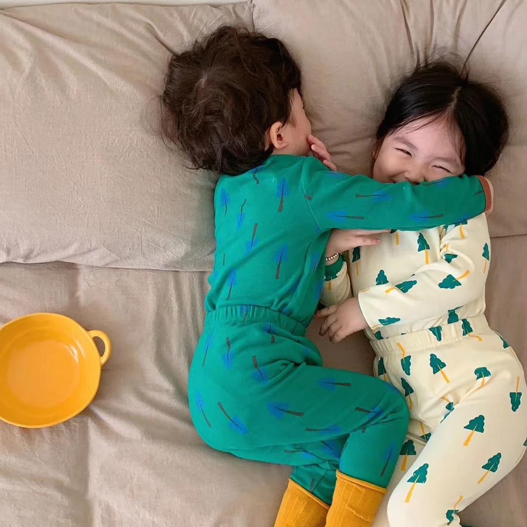 2023韩版长袖家居服高腰婴儿纯棉A类睡衣套装男女童保暖秋衣秋裤