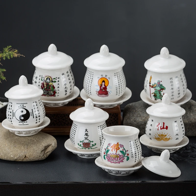 陶瓷杯莲花供水杯陶瓷圣水杯家用奉水杯白瓷奉杯高脚水杯三连杯