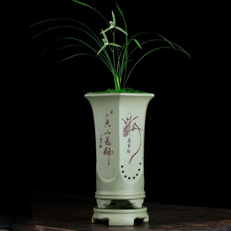 宜兴紫砂兰花君子兰果绿泥高档手工六方紫砂专用花盆室内透气托盘