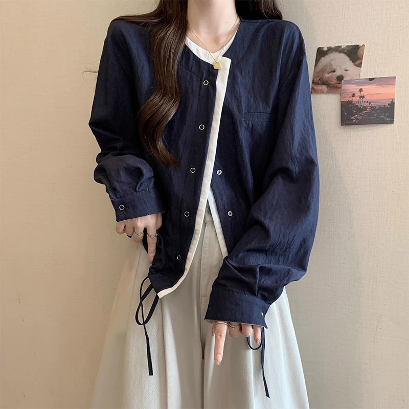 大码遮肚子高级感假两件长袖衬衫女春秋胖mm显瘦洋气开衫上衣外套