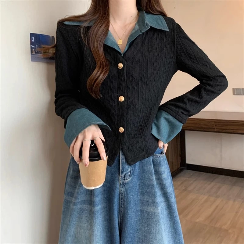 大码设计感小众假两件拼接牛仔衬衫女春秋冬胖mm显瘦别致短款上衣