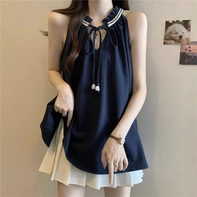 大码设计感串珠系带挂脖吊带背心女夏胖mm显瘦遮肚无袖娃娃衫上衣