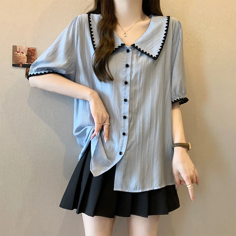 大码法式贝壳绣肌理感娃娃领衬衫女夏季胖mm显瘦遮肚撞色短袖上衣