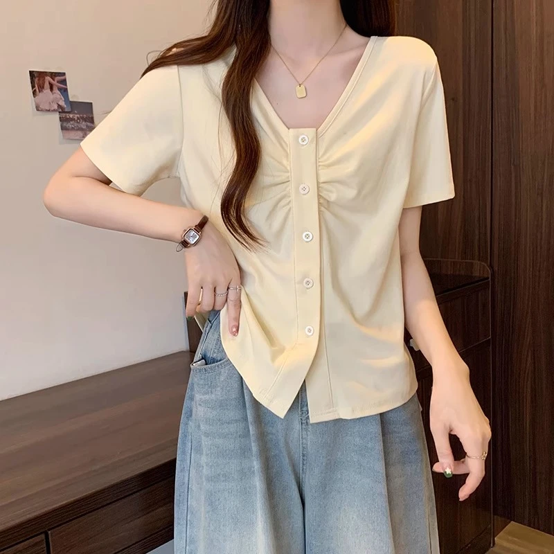独特别致正肩短袖t恤女夏季新款大码微胖mm显瘦遮肚设计感v领上衣