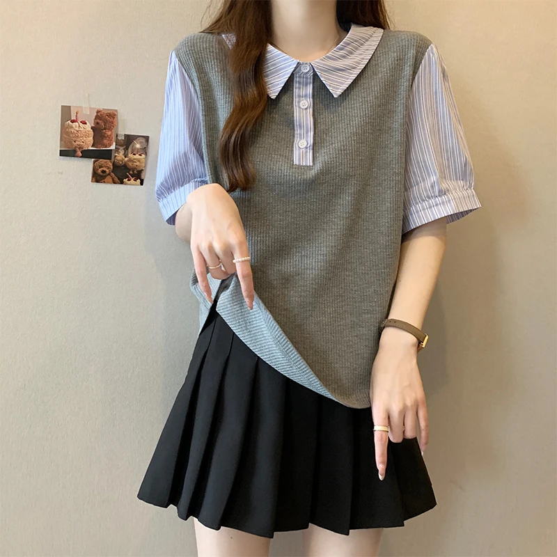 大码遮肚子假两件短袖t恤女夏季胖mm显瘦百搭减龄拼接上衣打底衫