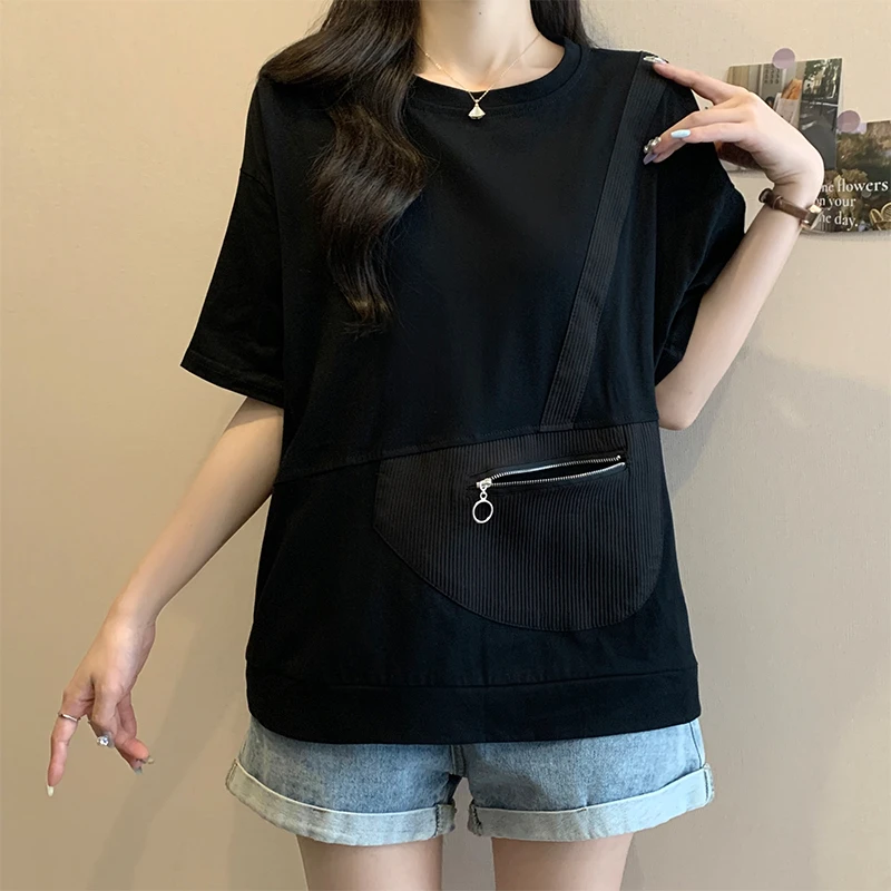 大码遮肚子设计感拉链口袋短袖t恤女夏季胖妹妹宽松显瘦休闲上衣