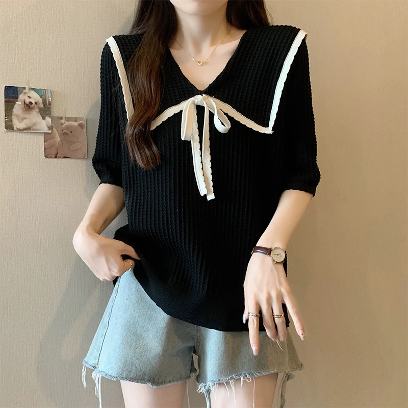 大码遮肚子法式娃娃领短袖t恤女夏季胖mm显瘦百搭减龄针织衫上衣