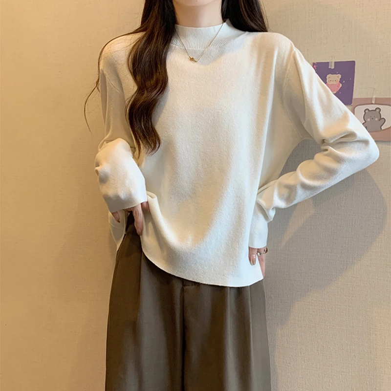 大码遮肚子半高领针织衫女春秋微胖mm宽松显瘦慵懒软糯打底衫上衣