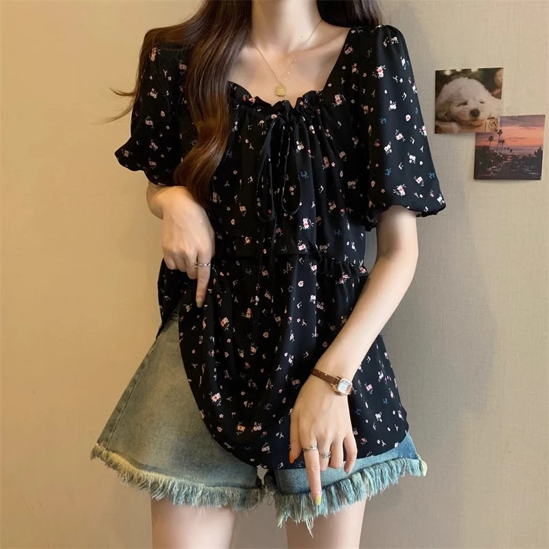 大码遮肚子绑带雪纺碎花短袖衬衫女夏季微胖mm收腰显瘦泡泡袖上衣