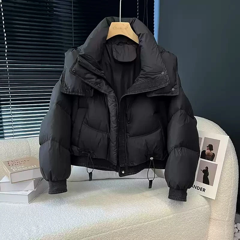 加厚连帽拼接韩版短款宽松面包服女2024年冬季新款保暖棉服外套潮