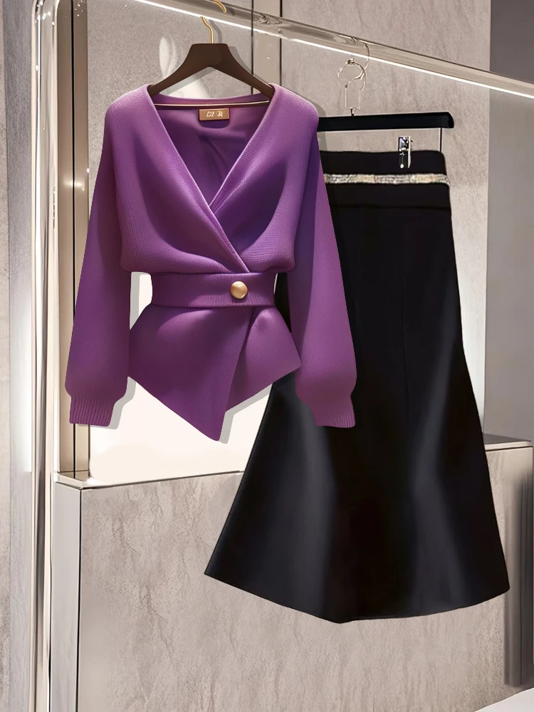 2024早秋新款高级感气质名媛软糯小香风紫色毛衣女半身裙两件套装