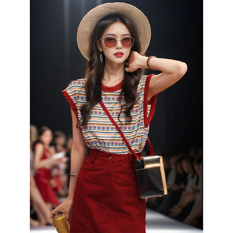 夏季多巴胺穿搭套装女2024新款洋气复古条纹背心上衣半身裙两件套