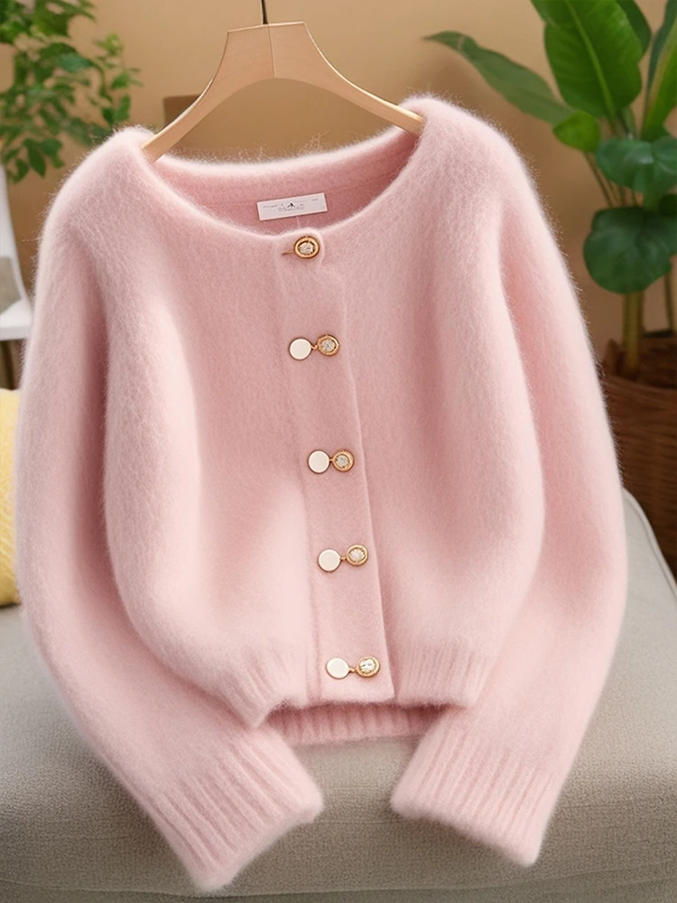 复古温柔软糯慵懒风奶fufu粉色圆领长袖加厚针织时尚毛衣外套冬潮