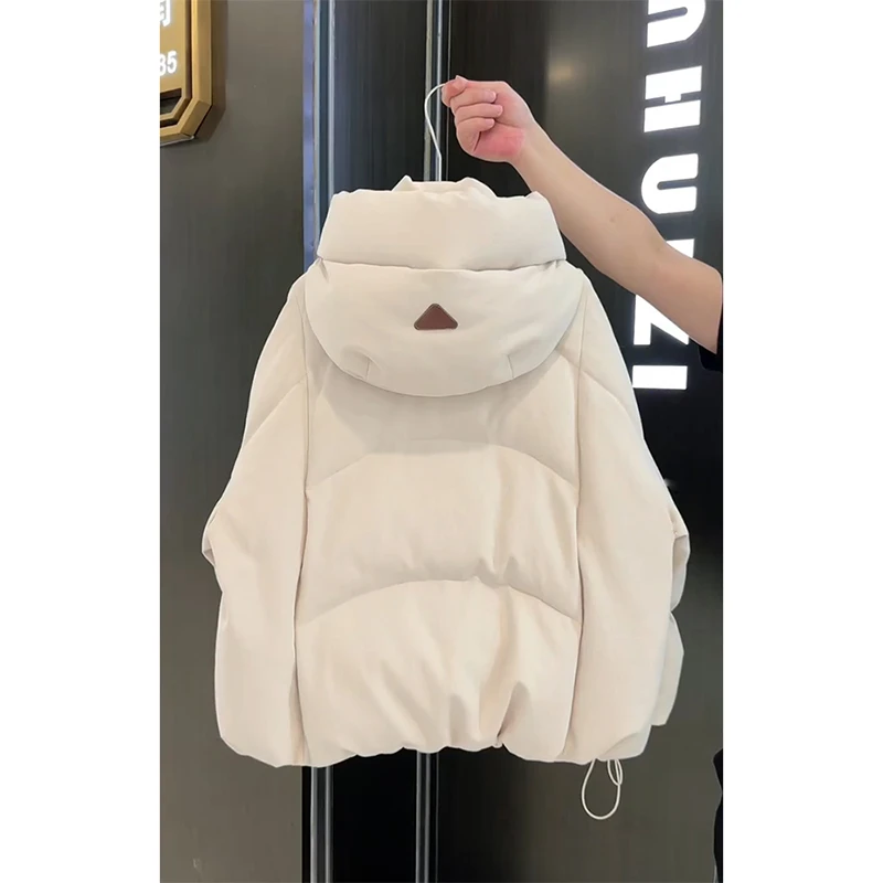 白色连帽单排扣抽绳棉服外套女冬季加厚保暖高级感外搭面包服上衣