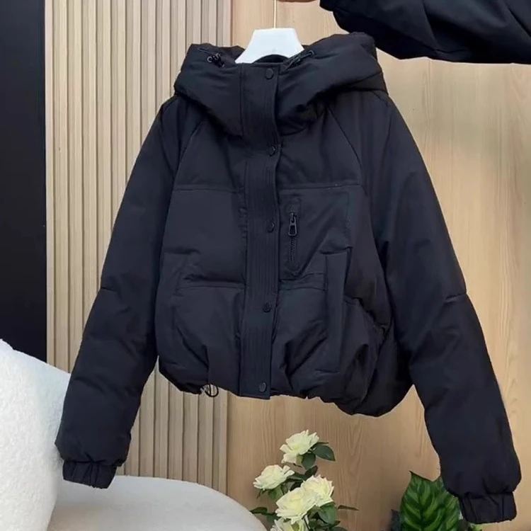 冬季新款超好看小众高端欧货小香风黑色连帽短款保暖棉服外套女潮