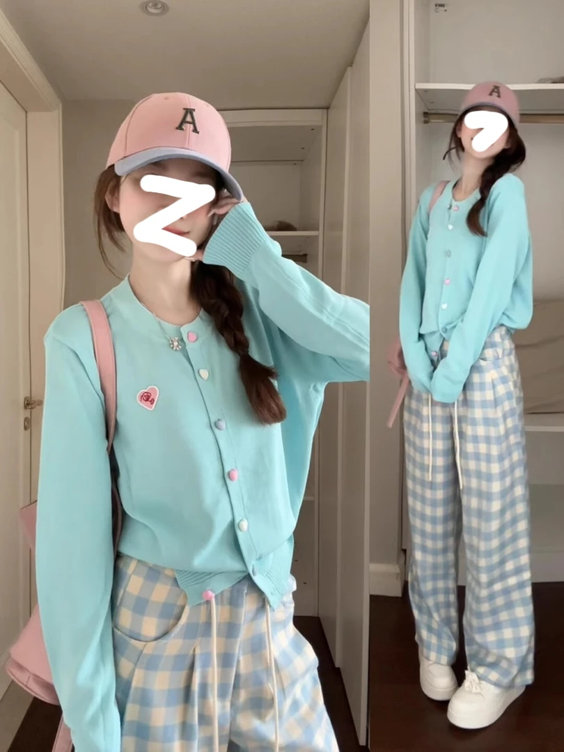 韩版hiphop浅蓝色针织衫女春秋显瘦慵懒风软糯百搭纽扣开衫上衣潮