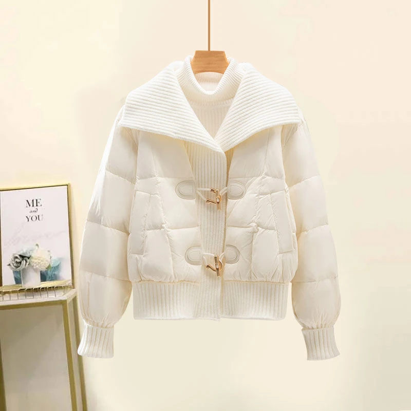 白色针织翻领棉服女短款2024冬新款法式加厚保暖设计感时尚外套潮