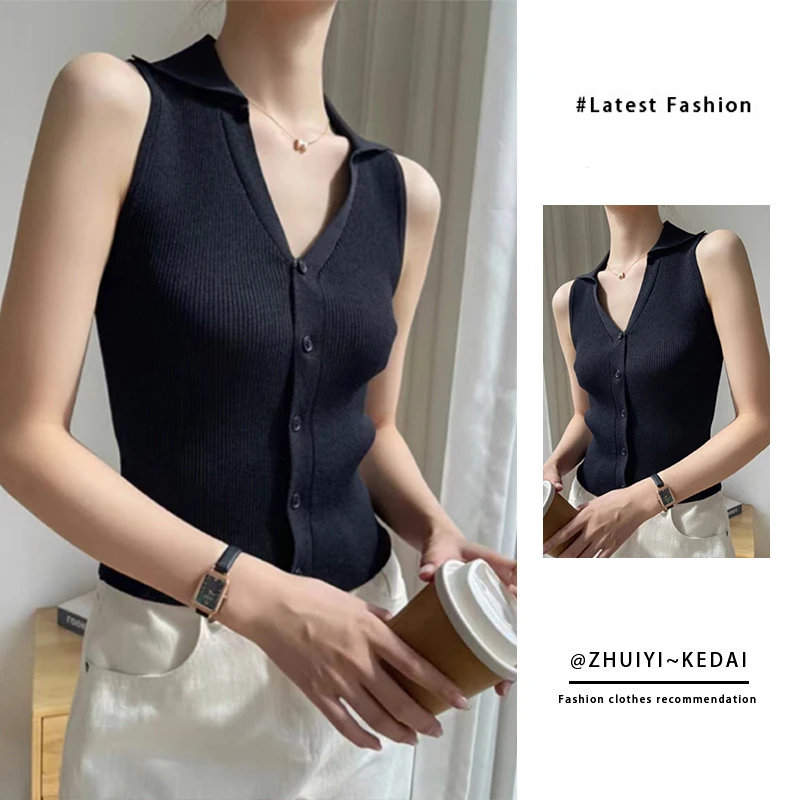 翻领v领吊带背心女2024新款夏季针织单排扣内搭外穿无袖坎肩上衣