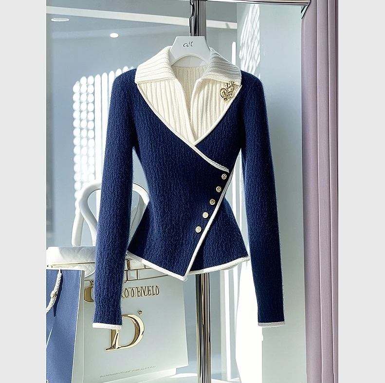 冬季蓝色假两件加厚针织衫女高级感超好看收腰独特漂亮针内搭毛衣