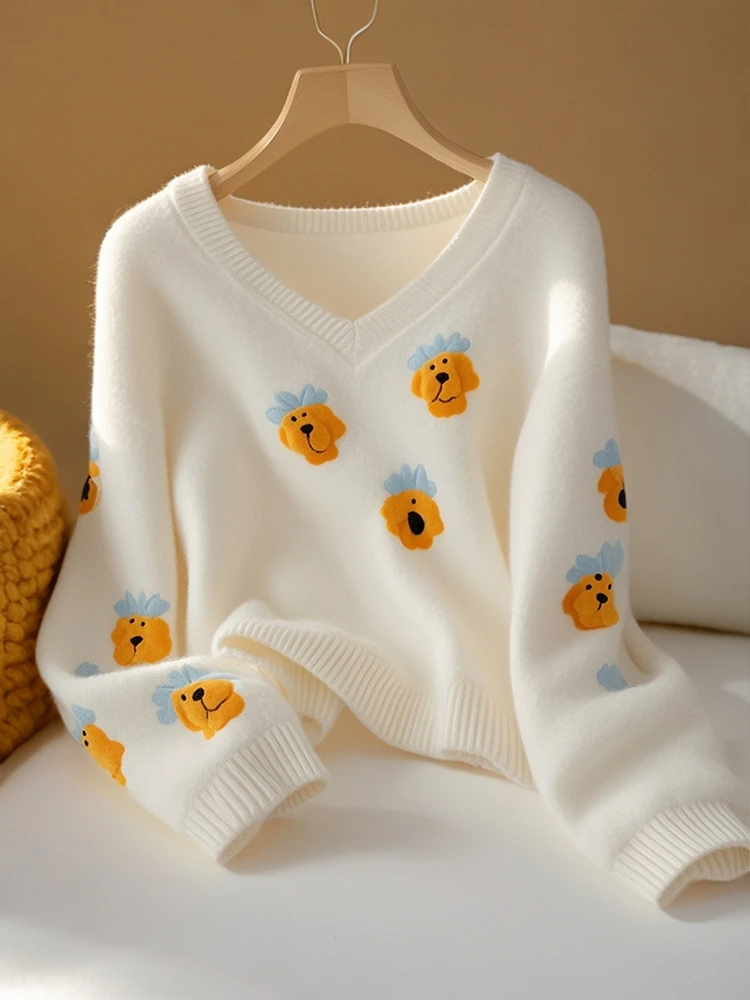 早秋小个子可爱甜美软糯毛衣宽松慵懒高级感白色卡通小狗上衣女潮