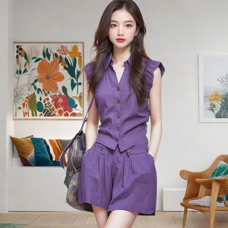 今年流行的漂亮小个子显高时尚紫色显瘦短裤套装2024新款女装夏季