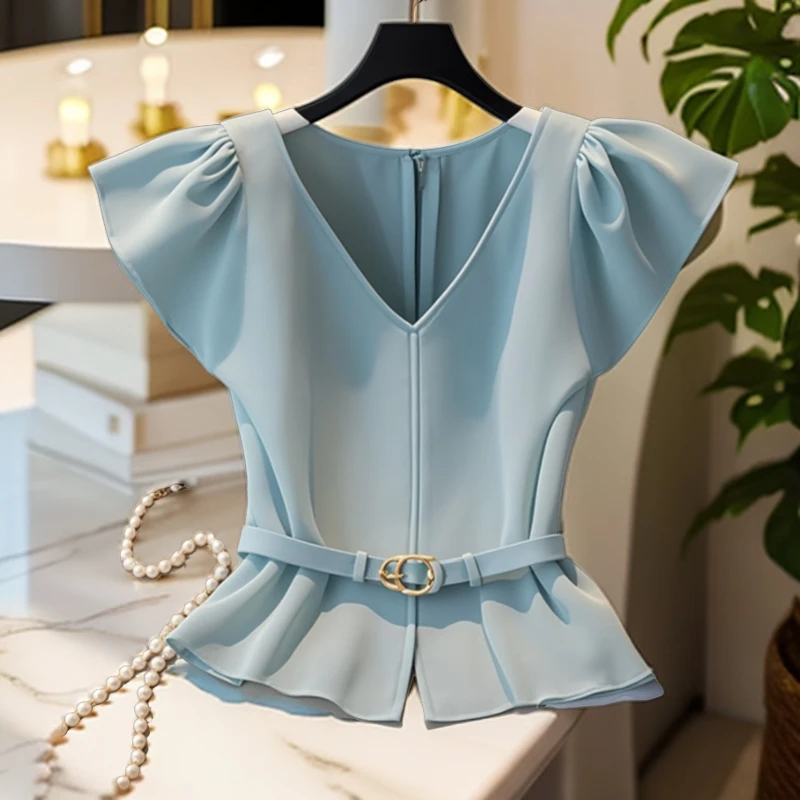 高级感独特别致小上衣气质时尚轻熟法式小众蓝色V领百搭衬衫夏季