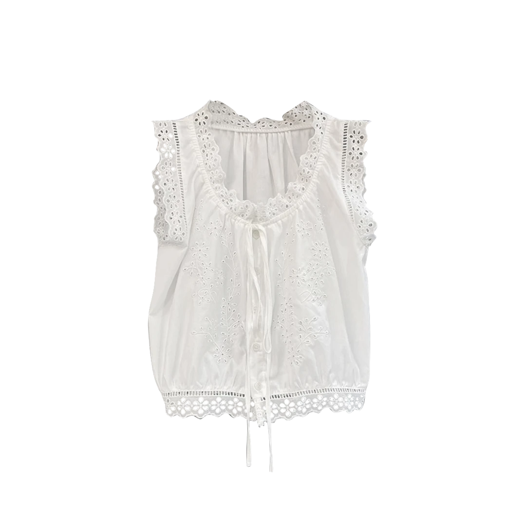 2024夏季新款甜美风白色无袖背心别致小衫女设计感减龄蕾丝上衣潮