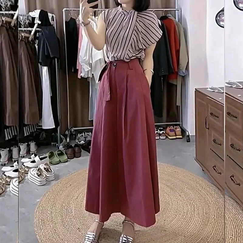 温柔气质复古条纹设计上衣时尚宽松阔腿裤两件套2024夏季新款套装