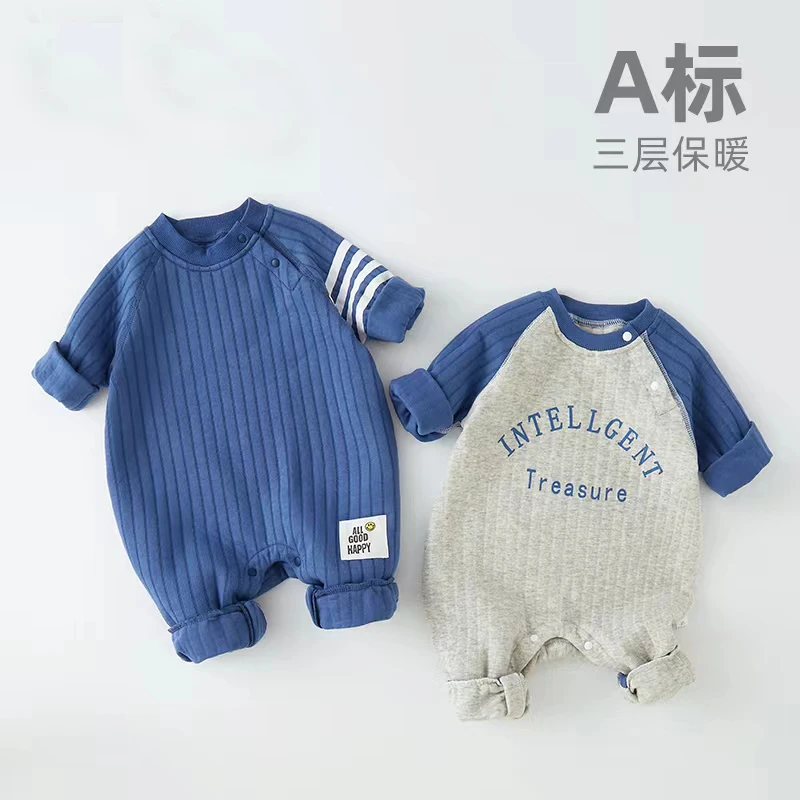 婴儿连体衣夹棉无骨纯棉保暖长袖新生儿哈衣爬服宝宝睡衣春秋冬装