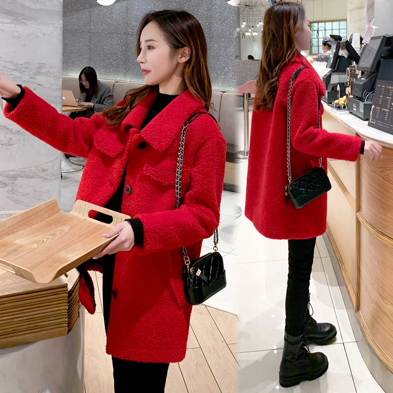 2024秋冬季新款加厚外套女宽松显瘦红色皮毛一体大衣