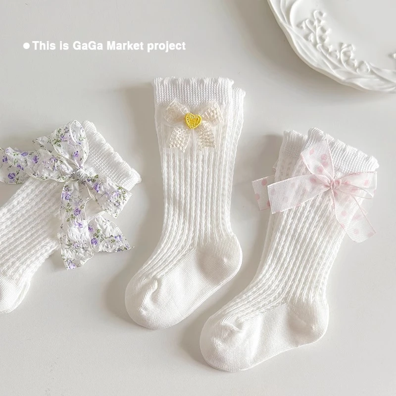9545夏季白色蝴蝶结网眼婴儿宝宝高筒女童蕾丝女孩夏季薄袜子