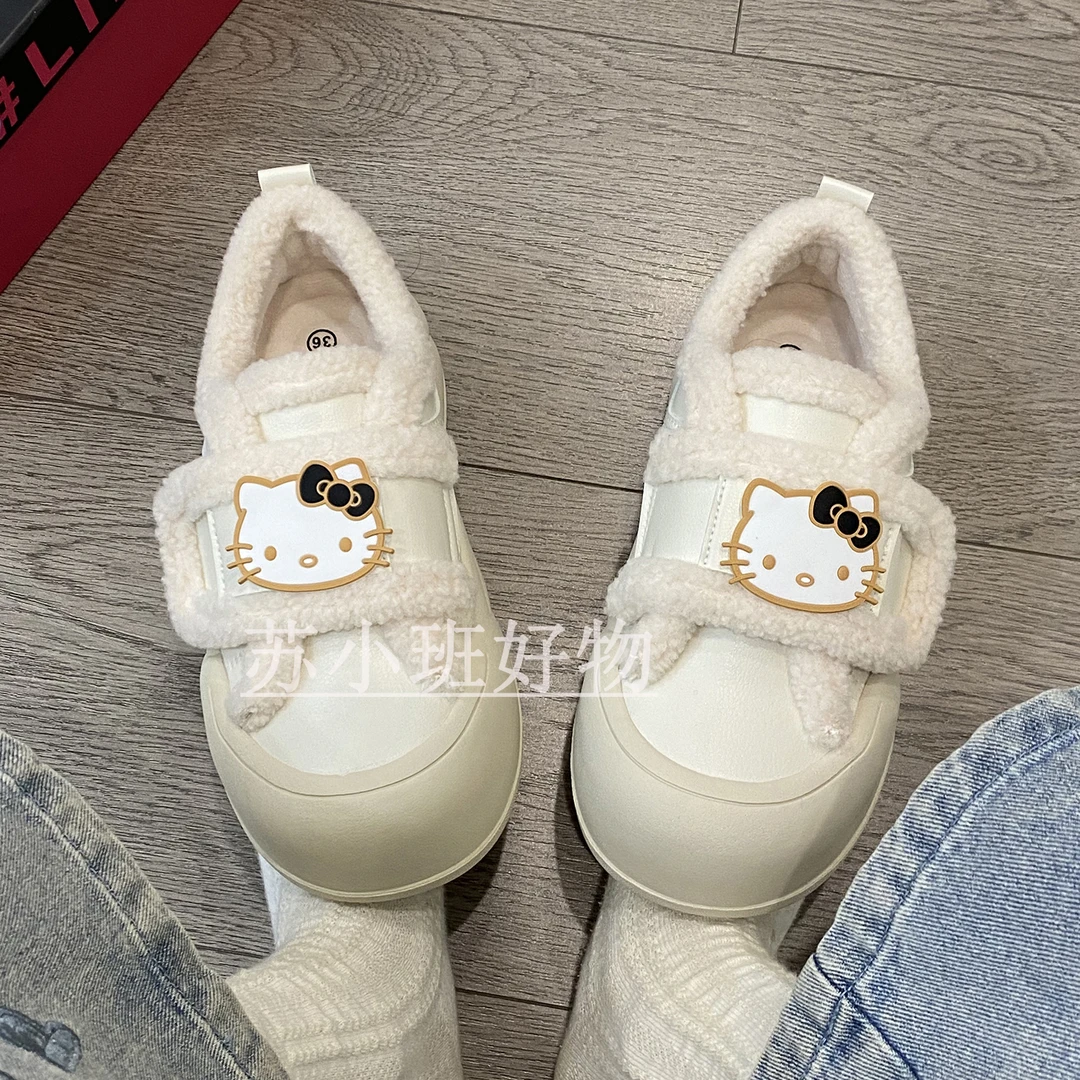 小众原创KT魔术贴加绒二棉大头鞋女2024新款冬季厚底保暖小白鞋子