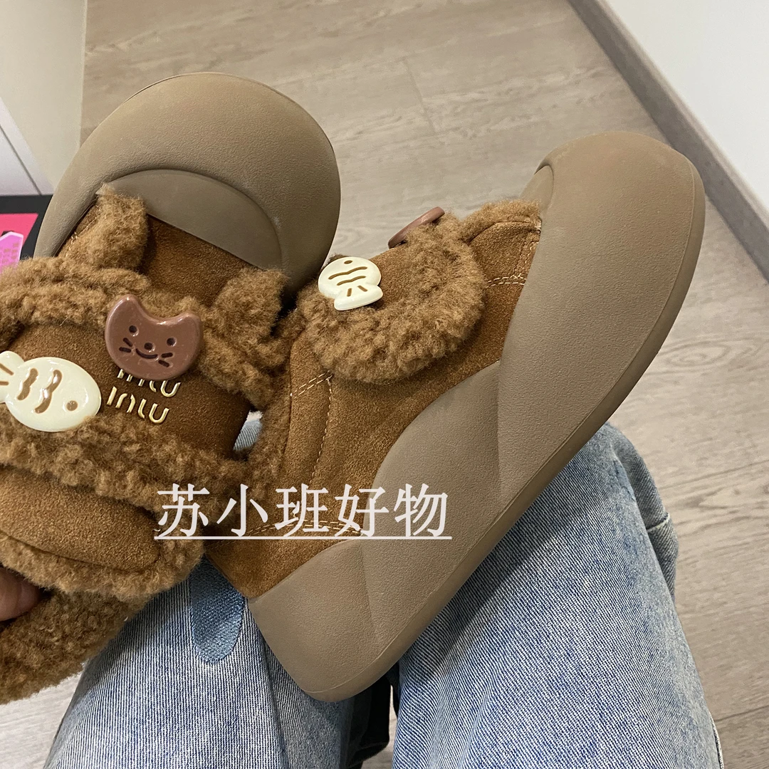 小众原创猫咪小鱼魔术贴加绒厚底二棉鞋女2024新款冬季保暖懒人鞋